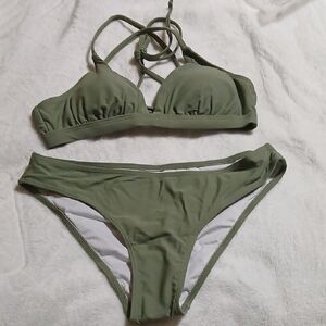 Olive Green Triangle Bikini Set with Tie Straps
